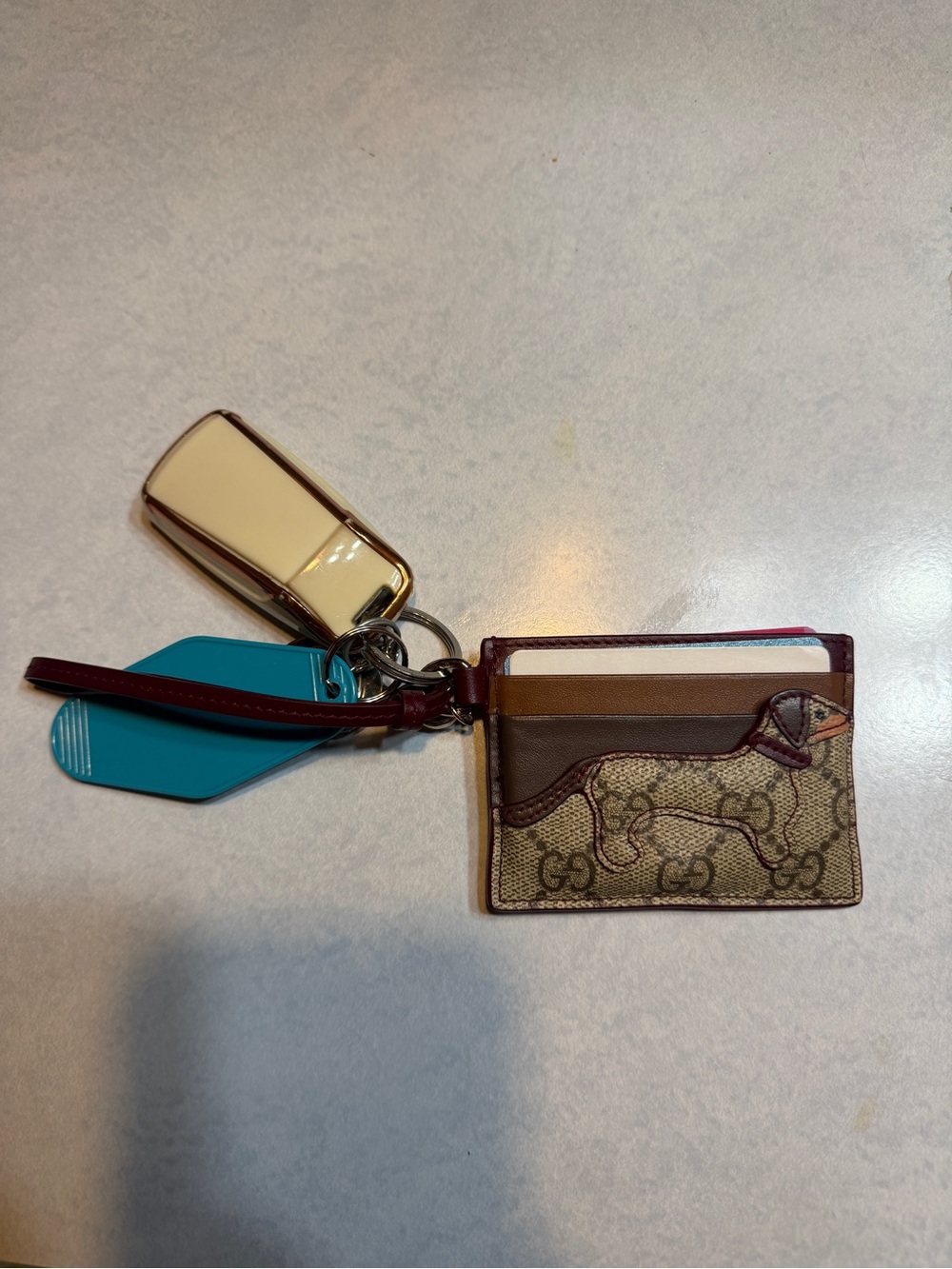 Gucci Brown Tan GG Dachshund Cardholder Keychain with Teal Fob